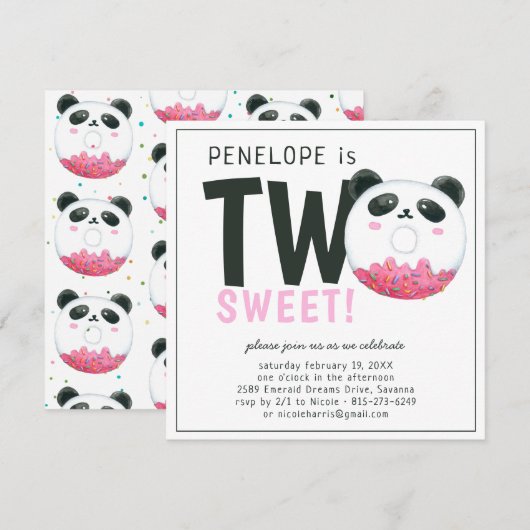 Two Sweet | Panda Donut 2e verjaardag uitnodiging (Voorkant / Achterkant)