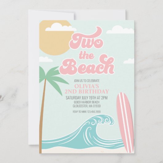 Two the Beach PINK Surf Beach 2nd Birthday Kaart (Voorkant)
