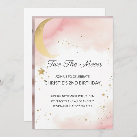 Two The Moon: 2e verjaardag uitnodiging roze, goud (Voorkant / Achterkant)
