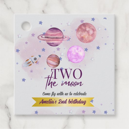 Two The Moon 2nd Birthday Girl Moon Stars Rocket Bedankjes Labels (Voorkant)
