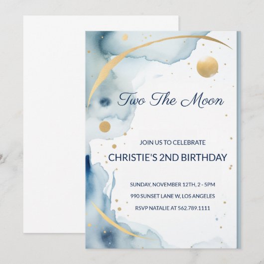 Two The Moon: Bleek Blauw 2e verjaardagsuitnodigin Kaart (Voorkant / Achterkant)