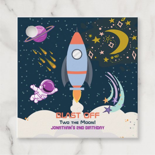 Two The Moon Boy Space Rocket 2nd Birthday Bedankjes Labels (Voorkant)