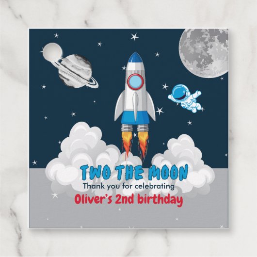 Two The Moon Boy Space Rocket 2nd Birthday  Bedankjes Labels (Voorkant)
