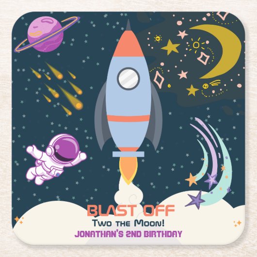 Two The Moon Boy Space Rocket 2nd Birthday Kartonnen Onderzetters (Voorkant)