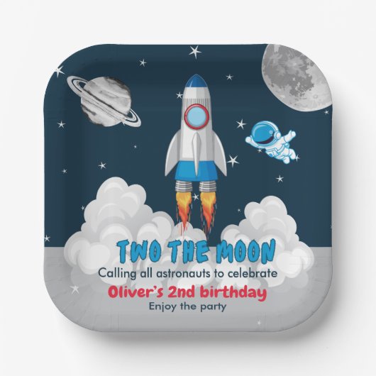 Two The Moon Boy Space Rocket 2nd Birthday Papieren Bordje (Voorkant)