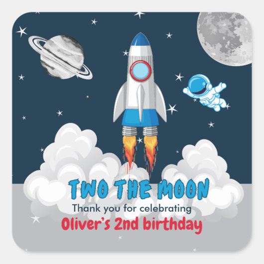 Two The Moon Boy Space Rocket 2nd Birthday Vierkante Sticker (Voorkant)