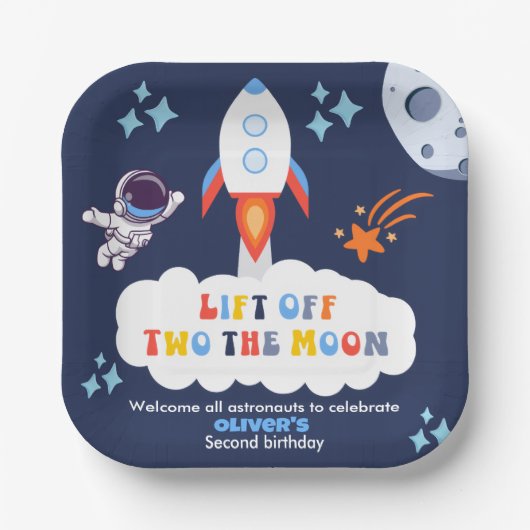 Two The Moon Boy Space Rocket Lift Off 2nd Bday Papieren Bordje (Voorkant)