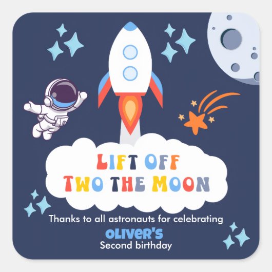 Two The Moon Boy Space Rocket Lift Off 2nd Bday Vierkante Sticker (Voorkant)