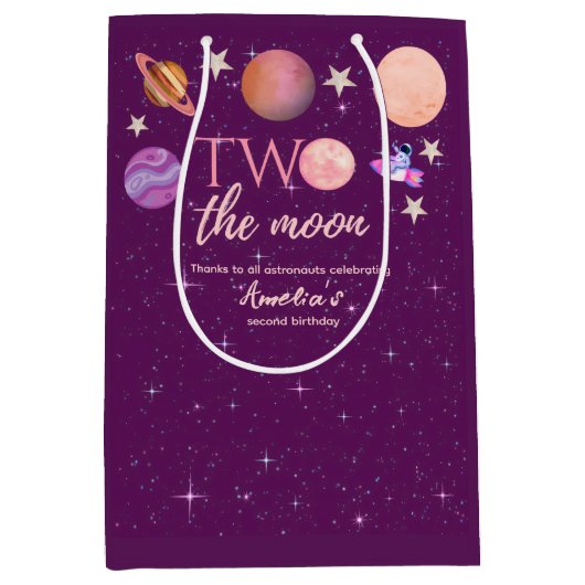 Two The Moon Girl Space Pink Planets 2nd Bday Medium Cadeauzakje (Voorkant)