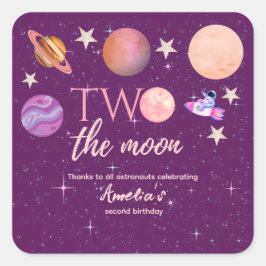 Two The Moon Girl Space Pink Planets 2nd Bday Vierkante Sticker