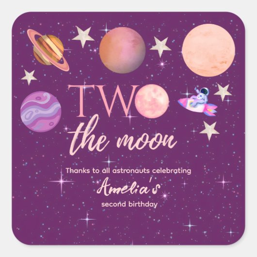 Two The Moon Girl Space Pink Planets 2nd Bday Vierkante Sticker (Voorkant)