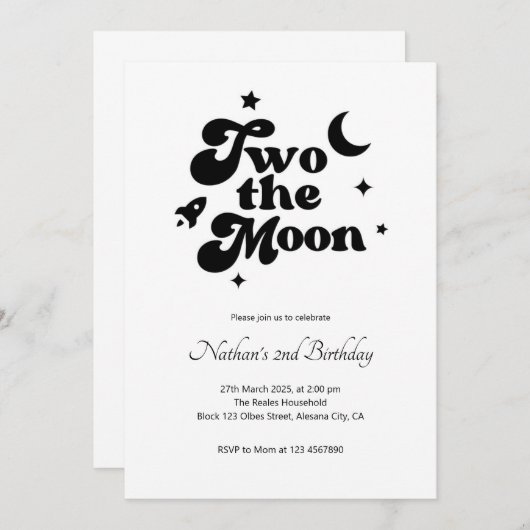 Two the Moon Minimalist Uitnodiging voor de 2e ver (Voorkant / Achterkant)