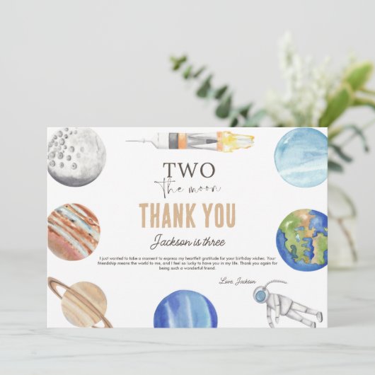 Two The Moon | Modern Space 2nd Birthday Décor Bedankkaart (Staand voorkant)
