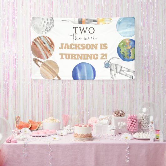 Two The Moon | Modern Space 2nd Birthday Décor Spandoek (Feest)