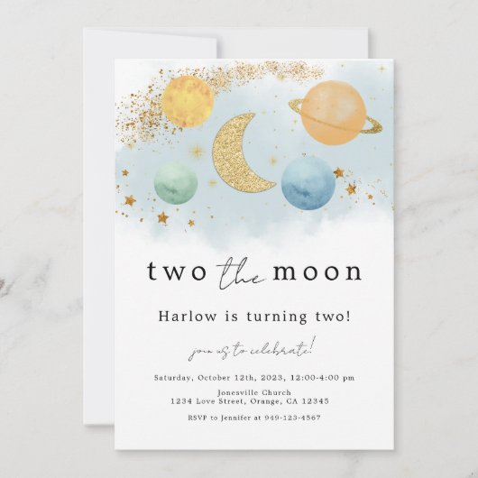 Two the Moon Outer Space 2e verjaardag uitnodiging (Voorkant)