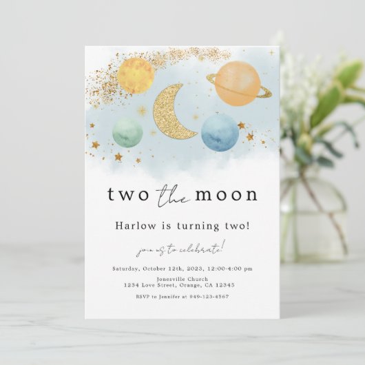 Two the Moon Outer Space 2e verjaardag uitnodiging (Staand voorkant)