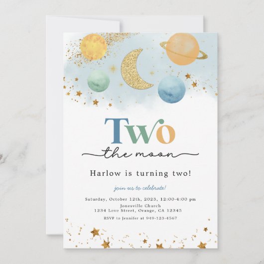 Two the Moon Outer Space 2e verjaardag uitnodiging (Voorkant)