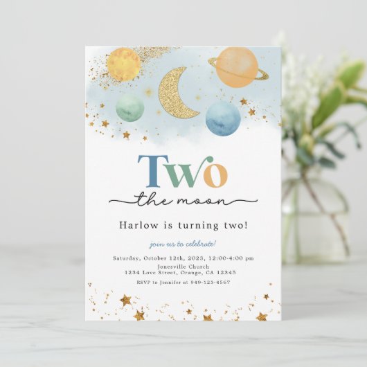Two the Moon Outer Space 2e verjaardag uitnodiging (Staand voorkant)