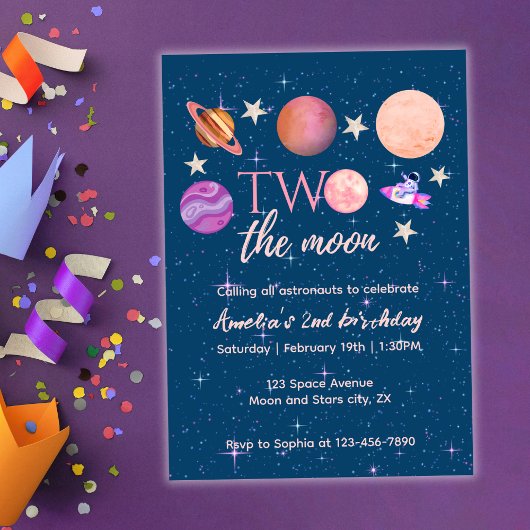 Two The Moon Outer Space Ship Planets 2nd Bday Kaart