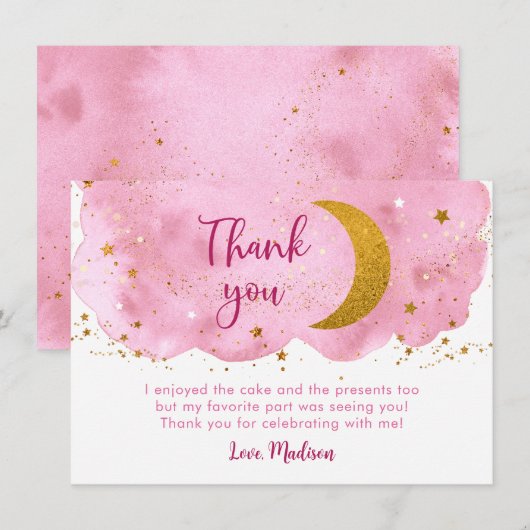 Two the Moon Pink Gold Galaxy Verjaardag Bedankkaart (Voorkant / Achterkant)