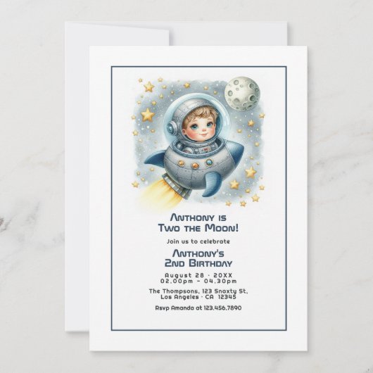 "Two the Moon" Rocket Peuter Verjaardagsfeest Kaart (Voorkant)