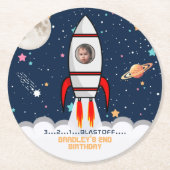 Two the Moon Rocket Ship 2e verjaardagsfeestfoto Ronde Kartonnen Onderzetter (Voorkant)
