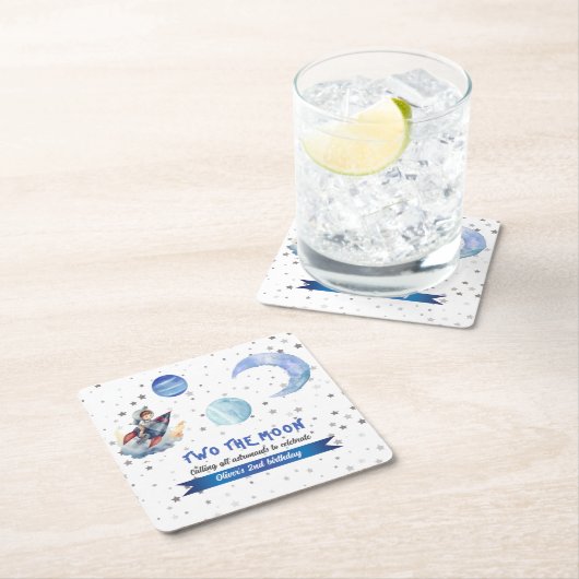 Two The Moon Rocket Space Blue Boy 2nd Birthday  Kartonnen Onderzetters (Insitu)