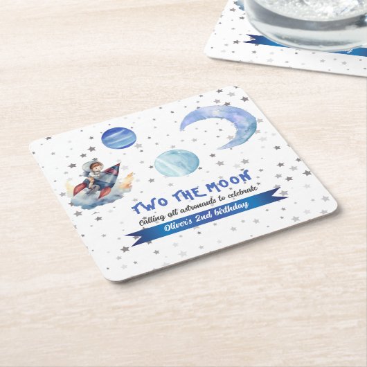 Two The Moon Rocket Space Blue Boy 2nd Birthday Kartonnen Onderzetters (Schuin)