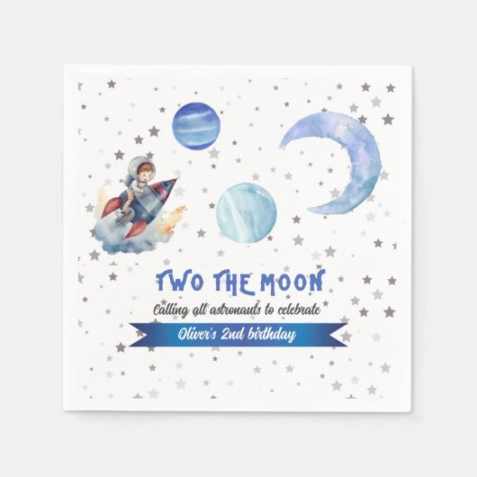Two The Moon Rocket Space Blue Boy 2nd Birthday Servet (Voorkant)