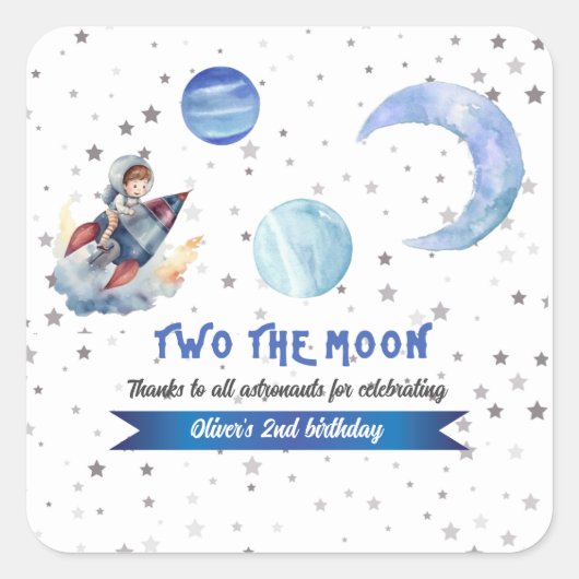 Two The Moon Rocket Space Blue Boy 2nd Birthday Vierkante Sticker (Voorkant)