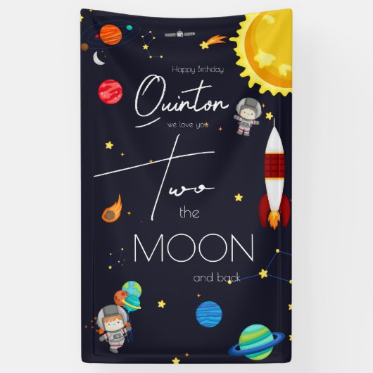 Two the Moon Space Theme 2nd Birthday Party Spandoek (Verticaal)