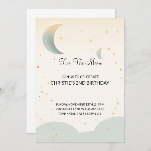 Two the Moon Tweede Verjaardag uitnodiging (Voorkant / Achterkant)