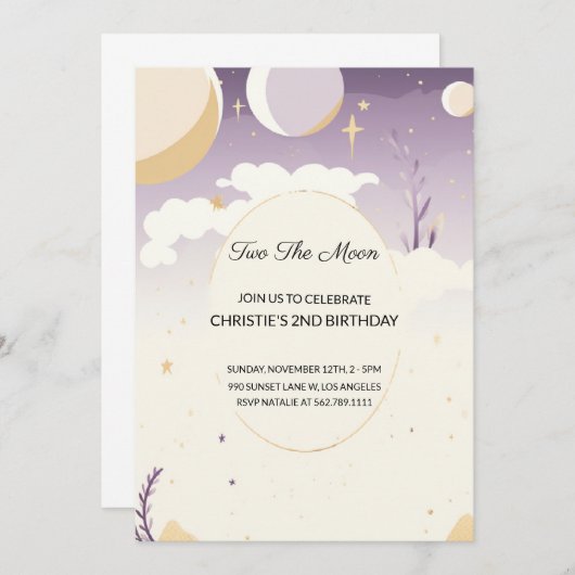 Two the Moon Tweede Verjaardag uitnodiging (Voorkant / Achterkant)