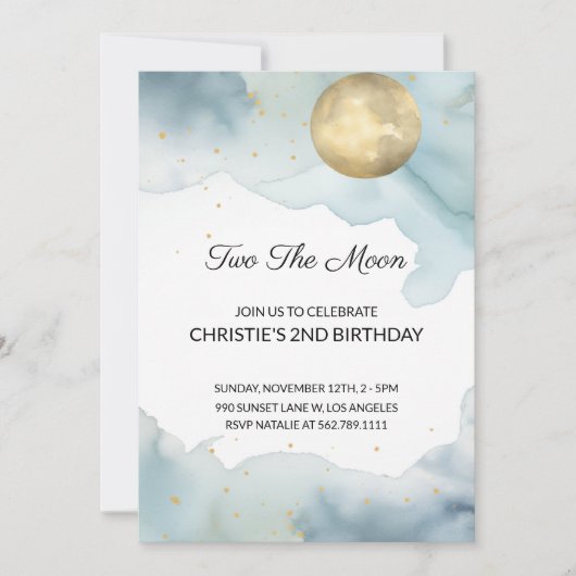 Two the Moon Verjaardag Uitnodiging Meisje Blauw (Voorkant)
