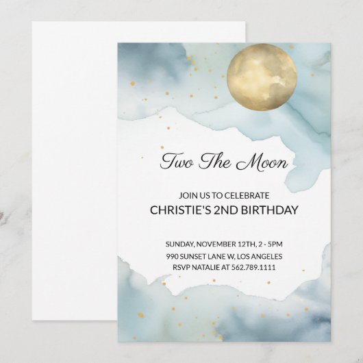 Two the Moon Verjaardag Uitnodiging Meisje Blauw (Voorkant / Achterkant)