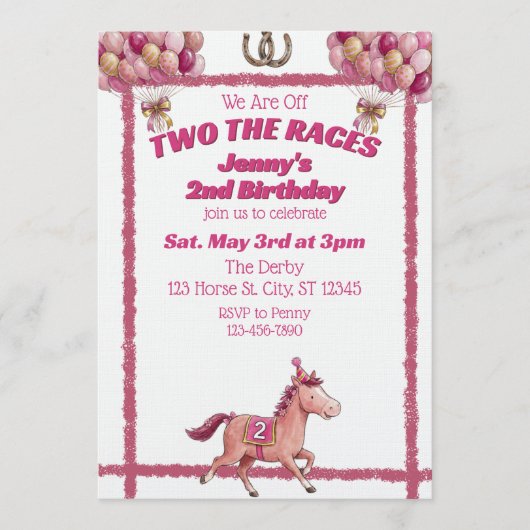 Two The Races, Pink Horse 2nd Birthday Kaart (Voorkant)