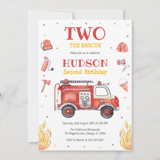 Two the Rescue Firetruck 2nd Birthday Invitation Kaart (Voorkant)