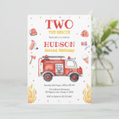 Two the Rescue Firetruck 2nd Birthday Invitation Kaart (Staand voorkant)