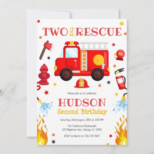 Two the Rescue Firetruck 2nd Birthday Invitation Kaart (Voorkant)