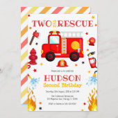 Two the Rescue Firetruck 2nd Birthday Invitation Kaart (Voorkant / Achterkant)