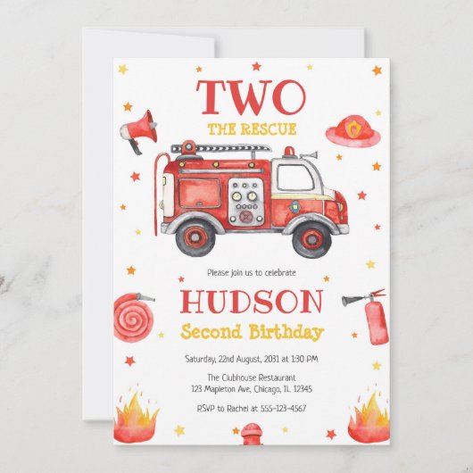 Two the Rescue Firetruck 2nd Birthday Invitation Kaart (Voorkant)