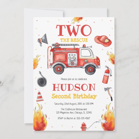 Two the Rescue Firetruck 2nd Birthday Invitation Kaart (Voorkant)