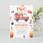 Two the Rescue Firetruck 2nd Birthday Invitation Kaart (Staand voorkant)