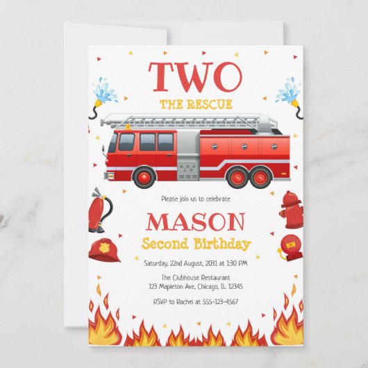 Two the Rescue Firetruck 2nd Birthday Invitation Kaart (Voorkant)