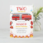 Two the Rescue Firetruck 2nd Birthday Invitation Kaart (Staand voorkant)