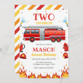 Two the Rescue Firetruck 2nd Birthday Invitation Kaart (Voorkant / Achterkant)