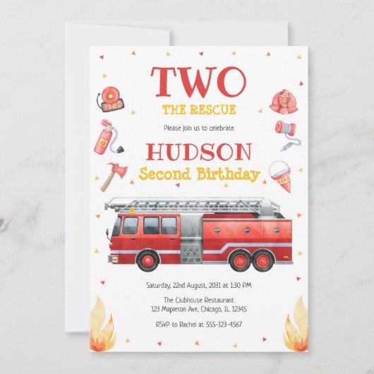 Two the Rescue Firetruck 2nd Birthday Invitation Kaart (Voorkant)