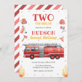 Two the Rescue Firetruck 2nd Birthday Invitation Kaart (Voorkant / Achterkant)