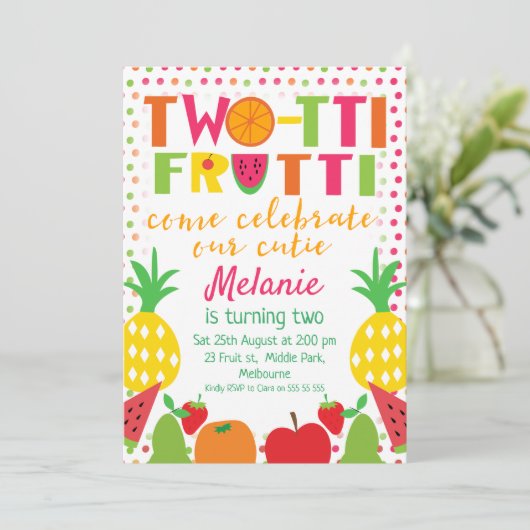 Two-tii Fruit Come viert uitnodiging voor tweede v (Staand voorkant)