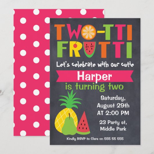 Two-tii Frutti Chaklboard 2e verjaardag Uitnodigin Kaart (Voorkant / Achterkant)